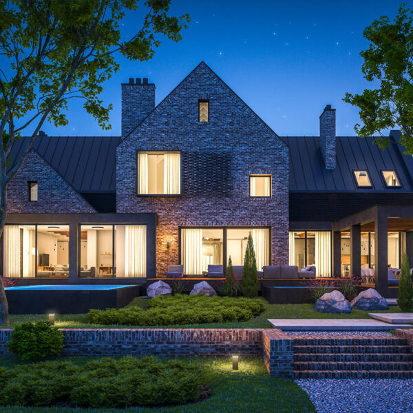 3d rendering of modern cozy clinker house on the ponds with garage and pool for sale or rent with beautiful landscaping on background. Clear summer night with many stars on the sky.