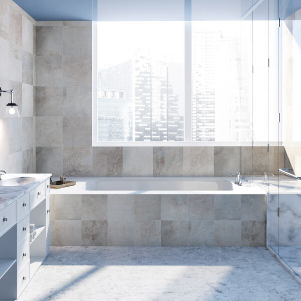 Beige tiled bathroom interior with a large bathtub, a shower and a white marble double sink with two square mirrors hanging above it. 3d rendering